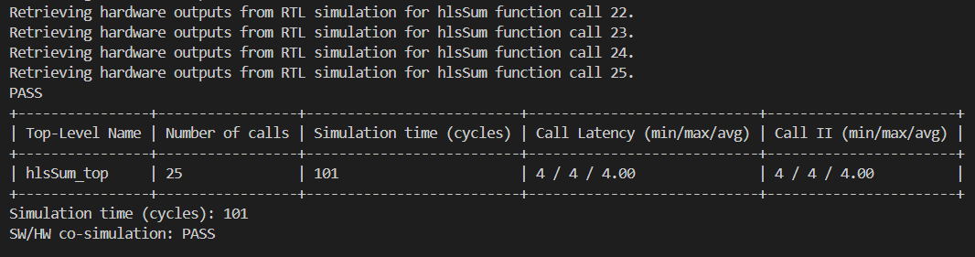 SmartHLS CoSim execution result for simple sum project