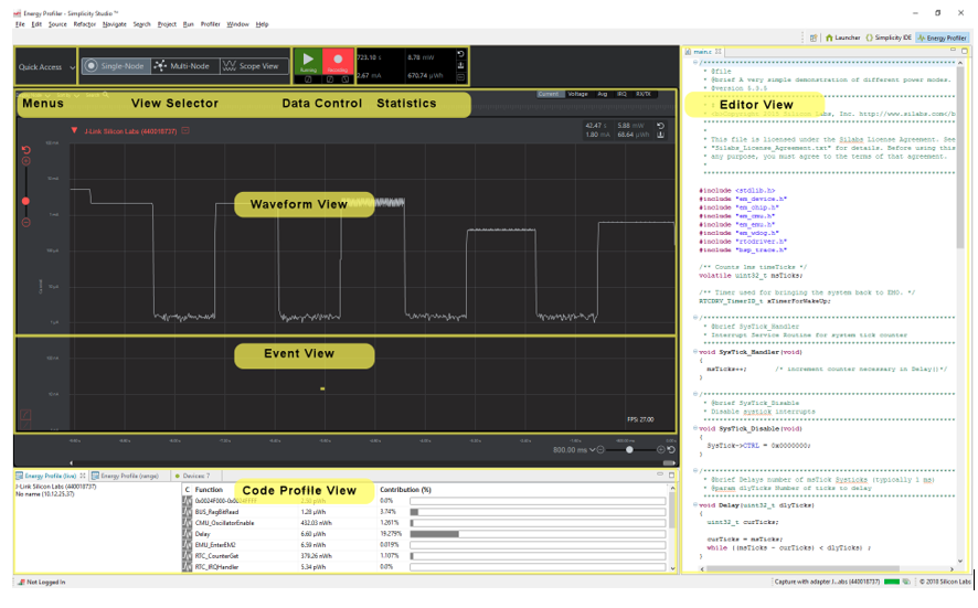 Energy profiler interface in Simplicity Studio