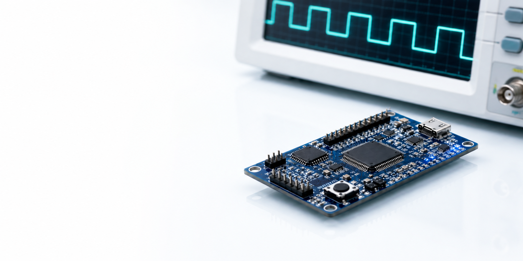 Embedded development board beside an oscilloscope showing a digital waveform